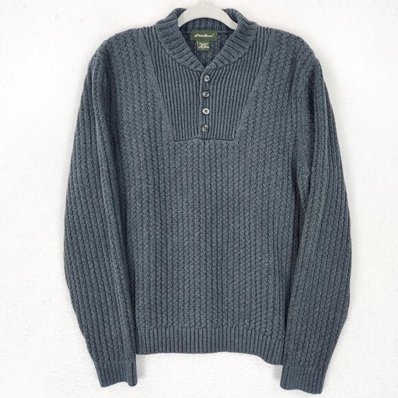 Eddie Bauer Sweater Mens Large Gray Knit Vintage Cotton 1/4 Button Pullover - Picture 1 of 9